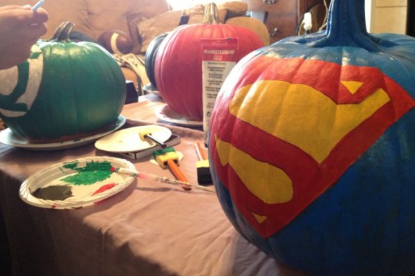 superhero painted pumpkins